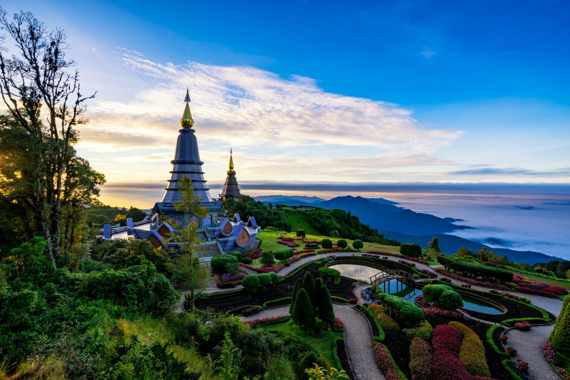 Sunrise scence of two pagoda on the top of Inthanon mountain in doi Inthanon national park