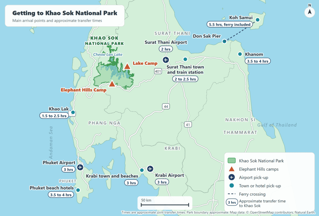 Map of Khao Sok National Park and southern Thailand showing the main airports, pick-up towns, the two Elephant Hills camps and approximate transfer times